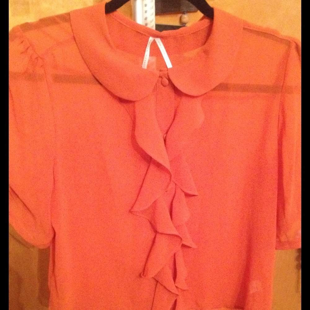 Cotton and candy orange sheer ruffle top blouse‎